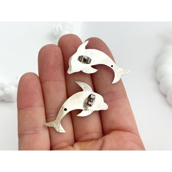 Dolphin Figural Silver Toned Vintage 3 Dimensional XL Nautical Stud Earrings - Picture 7 of 8